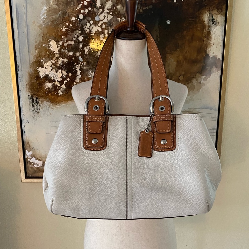 Vintage Coach white pebble leather with camel straps handbag purse GC~
